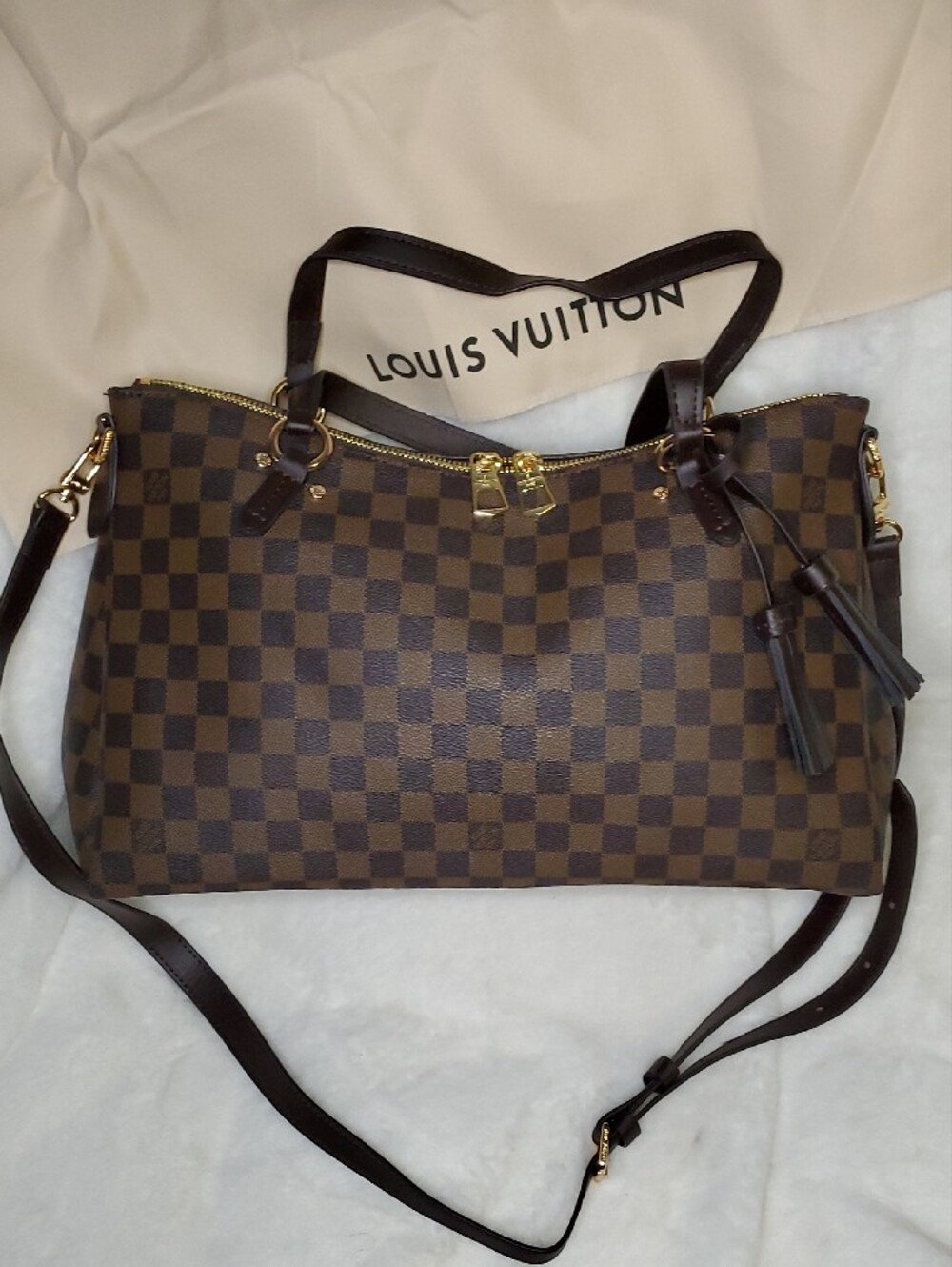 LV Brown Checkered Tote with Gold Hardware
